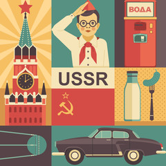 Wall Mural - USSR retro poster concept. Vector illustration with Soviet culture icons, including Kremlin, pioneer, space satellite, Volga car, USSR flag. Isolated on background.