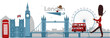 vector flat London, United kingdom, great britain symbols concept set. Marching beefeater, british phone booth, Tower Bridge and Big Ban Tower of London, gentleman hat, umbrella, smoking pipe icon.