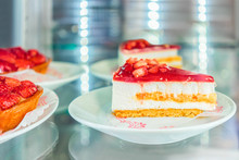 Strawberry Dessert In Fridge On Display Cafe Positano