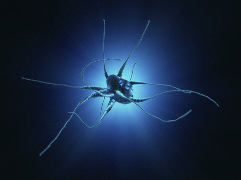 Glowing neuron cell on abstract blue background. Brain health and brain disease concept.