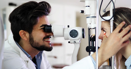 Poster - optometrist checking patient eyesight and vision correction