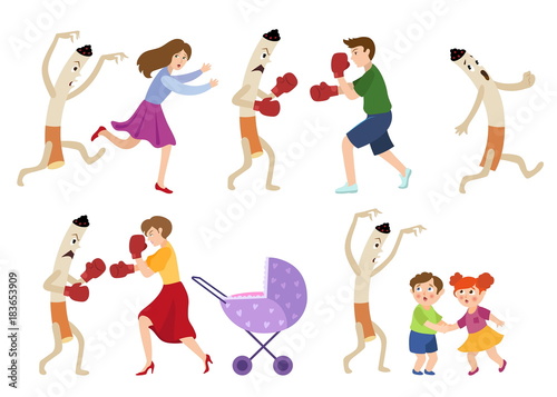 People Fighting Smoking Habit Scared Children And Huge Cigarette Frightening Kids And Running Away Cartoon Vector Illustration Isolated On White Background People And Evel Cigarette Character Buy This Stock Vector And