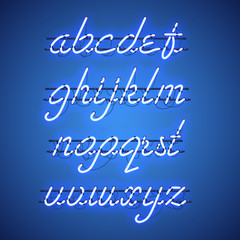 Wall Mural - glowing blue neon script font with lowercase letters from a to z with wires, tubes, brackets and hol