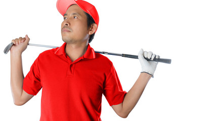 Canvas Print - Golf player holding a golf club on white background