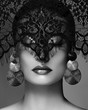 Luxury Woman with Celebrate Fashion Makeup, silver Earrings, Lace veil. Halloween or Christmas style. Black and white