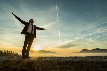 Businessman in elegant suit standing on a wall with his arms spread widely