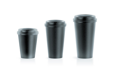 Fototapete - Blank black disposable paper cup mock ups with lids, large, medium and smal, 3d rendering. Empty polystyrene coffee drinking mug mockup front view. Clear plain tea take away plastic package