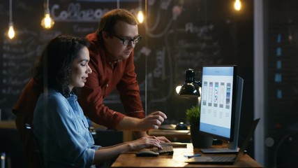 Poster - Beautiful Female Mobile Gaming Application Developer Talks With Her Male Colleague, They Discuss Creative Design. Stylishly Lit Office. RED EPIC-W 8K Camera.