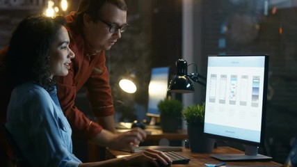 Poster - Beautiful Female Mobile Gaming Application Developer Talks With Her Male Colleague, They Discuss Creative Design. Stylishly Lit Office. RED EPIC-W 8K Camera.