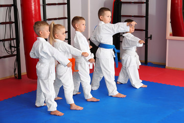 Little children practicing karate in dojo