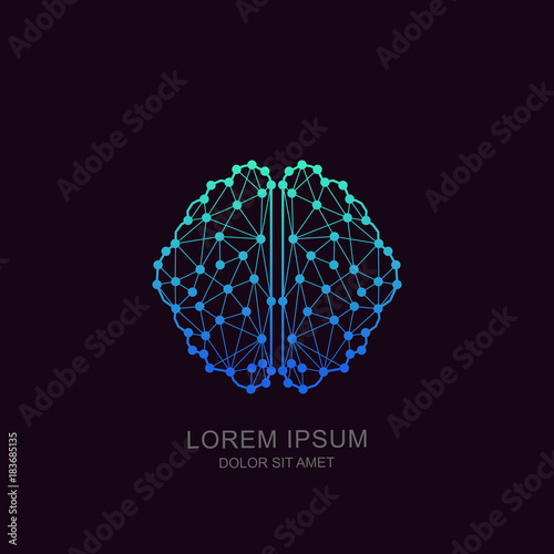 Vector human brain in low poly particles tech style. Logo, icon, emblem design template. Futuristic concept for neural networks, artificial intelligence, education and high technology. © Betelgejze