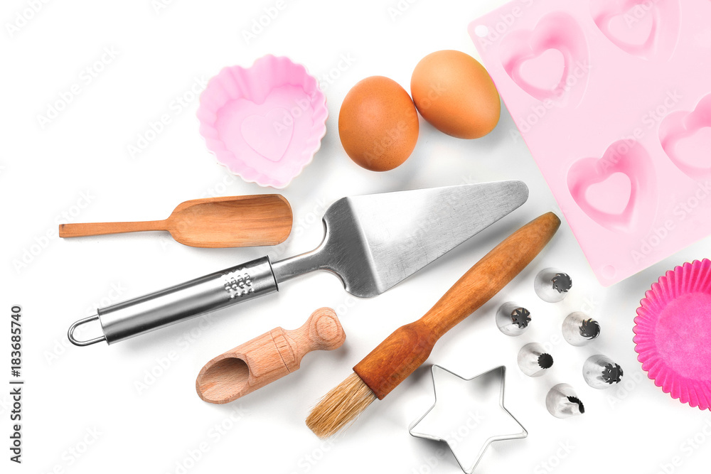 Set of kitchenware for cooking pastries on white background