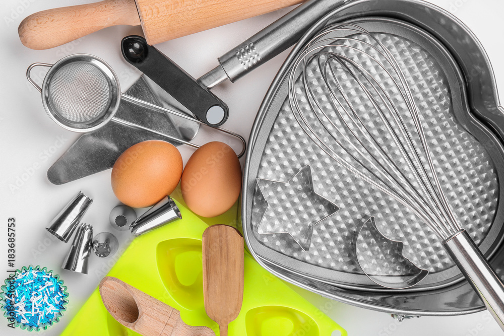 Set of kitchenware for cooking pastries on white background