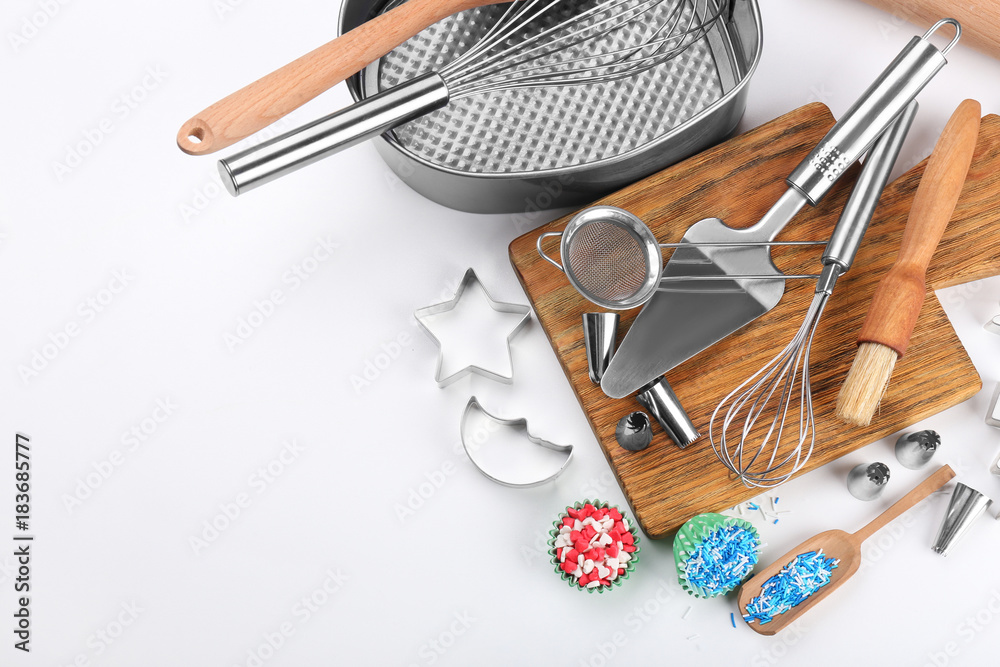 Set of kitchenware for cooking pastries on white background
