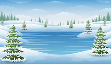 Winter Landscape With Frozen Lake And Fir Trees