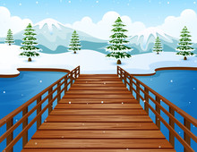 Cartoon Winter Landscape With Mountains And Wooden Bridge Over River