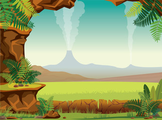 Wall Mural - Prehistoric landscape - cave, fern, volcano