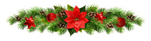 Christmas Garland With Red Pionsettia Flower, Pine Twigs And Decorations