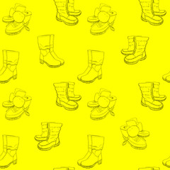 Wall Mural - illustration of Hand drawn sketch seamless pattern of Shoes . Sneakers, boots, high shoe, snow boots. for casual female. Coloring book. Wrapping paper.