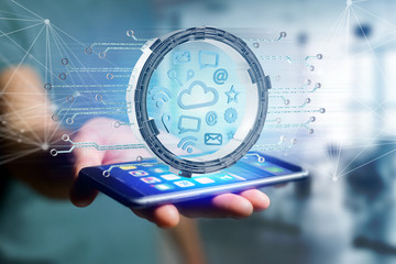 Poster - Cloud symbol connection surrounded by multimedia and internet application logo - 3d rendering
