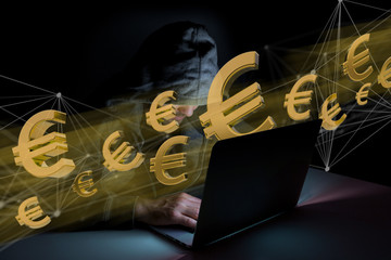 Poster - Hacker man in the dark using computer to hack data and information system