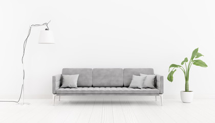 Neutral interior room with a gray sofa, a lamp and plant. 3d illustration.