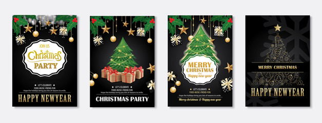 Wall Mural - merry christmas greeting card and party invitations on black background. vector illustration element