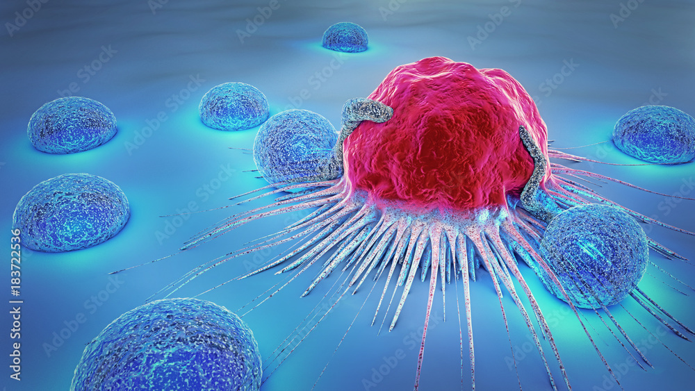 3d illustration of a cancer cell and lymphocytes - obrazy, fototapety, plakaty 