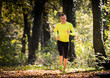 Handsome young man wearing sportswear and running in forest at mountain during autumn