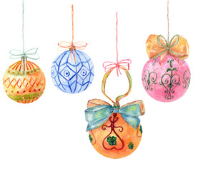 Set of Christmas balls hanging with bows and rope: orange, red, blue, pink. New Year decoration. Horizontal border on white background, hand draw watercolor painting, vintage illustration