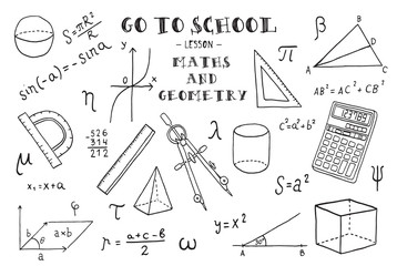 Maths and geometry. Hand sketches on the theme of Maths and geometry. Vector illustration.