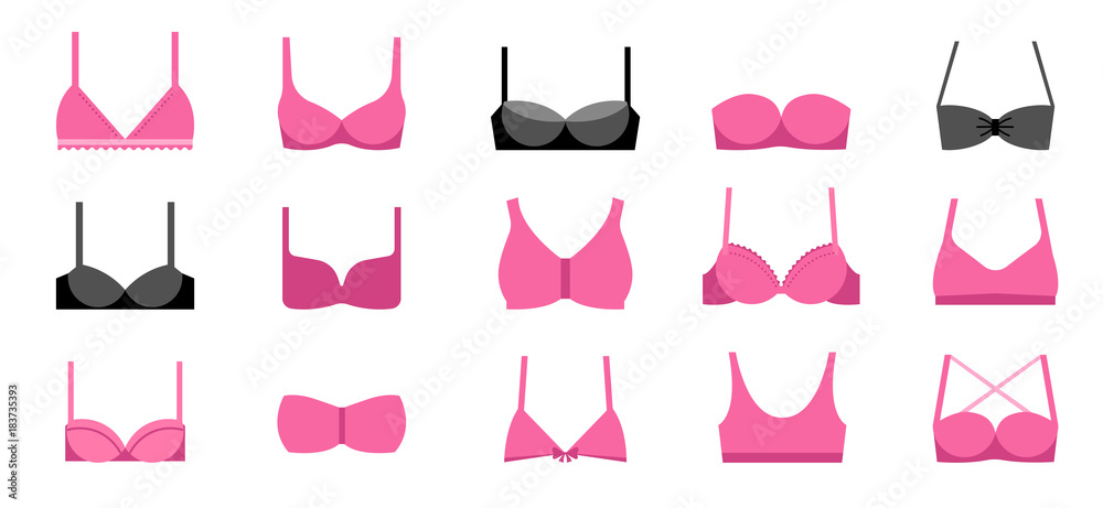 Collection of different types of bras illustrations, icons - obrazy, fototapety, plakaty 