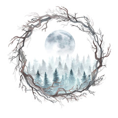 Wall Mural - landscape of a winter forest and rising moon inside a bare branches wreath. watercolor illustration.