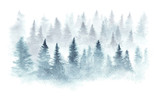 Fototapeta Las - Winter forest in a fog painted in watercolor.