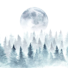 Landscape Of A Winter Forest And Rising Moon. Trees Are Dissapearing In A Fog. Watercolor Illustration.