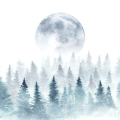 Wall Mural - landscape of a winter forest and rising moon. trees are dissapearing in a fog. watercolor illustrati