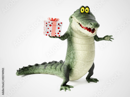 3D rendering of a cartoon crocodile holding a gift. Poster Mural XXL