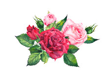 Red, Pink Roses - Floral Composition. Watercolor For Wedding Card