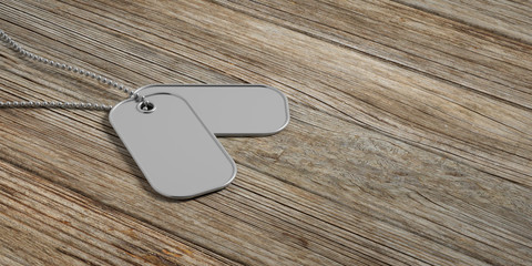 Sticker - Military concept, Blank identification tags on wooden background. 3d illustration