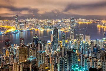 Fototapete - Hong Kong City skyline at sunrise. Hongkong skyscraper view from The peak