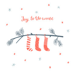 Wall Mural - Christmas greeting card with pine branch with hanging socks and hand written lettering