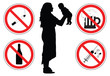 Woman with baby, silhouette, prohibition signs of drugs, vector