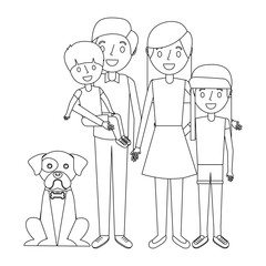 Sticker - cute family dad mom little son and daughter their dog vector illustration outline