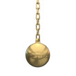 Wrecking ball gold. Demolition sphere hanging on chains. 3d render isolated on whit