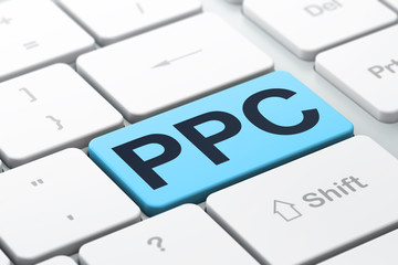 Sticker - Marketing concept: computer keyboard with word PPC, selected focus on enter button background, 3D rendering