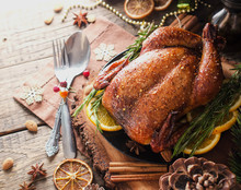 Baked Turkey For Christmas Or New Year Space For Text