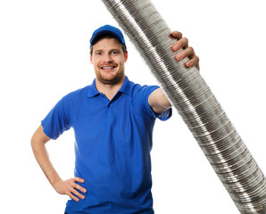 Wall Mural - man in blue uniform with flexible aluminum ducting tube in hand