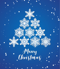 Sticker - White snowflake Christmas tree on blue background with Merry Christmas lettering. Christmas and New Year vector illustration card.