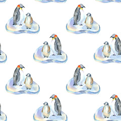 Watercolor penguins on ice floes seamless pattern, hand painted on a white background