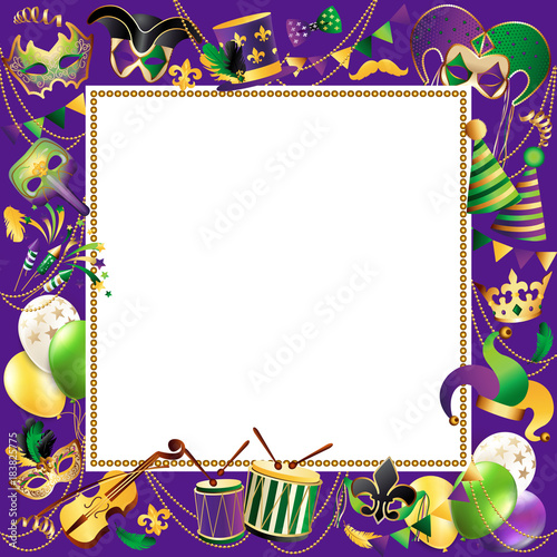 Frame Template with Golden Carnival Masks on Black Background